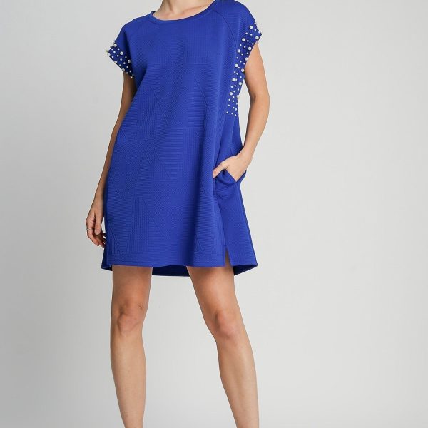 Umgee Textured Jacquard Dress with Pearl Details in Sapphire