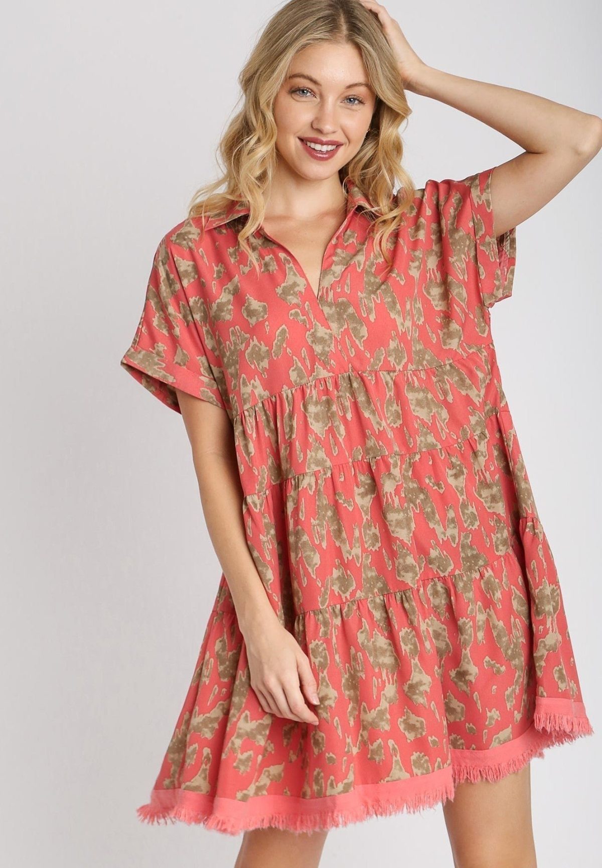 Umgee Animal Print Tiered Dress in Coral